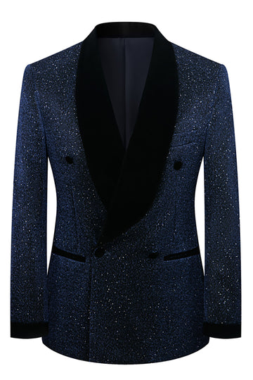 Sparkly Navy Sequin Shawl Lapel 2 Pieces Slim Fit Men's Prom Suits